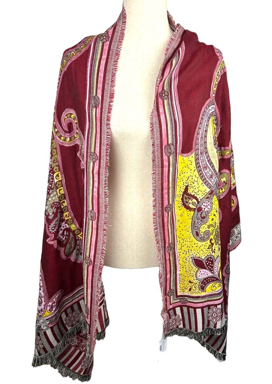 NEW XIIX Hand Painted Paisley Jacquard Wrap Shawl Burgundy Gold White Reversible